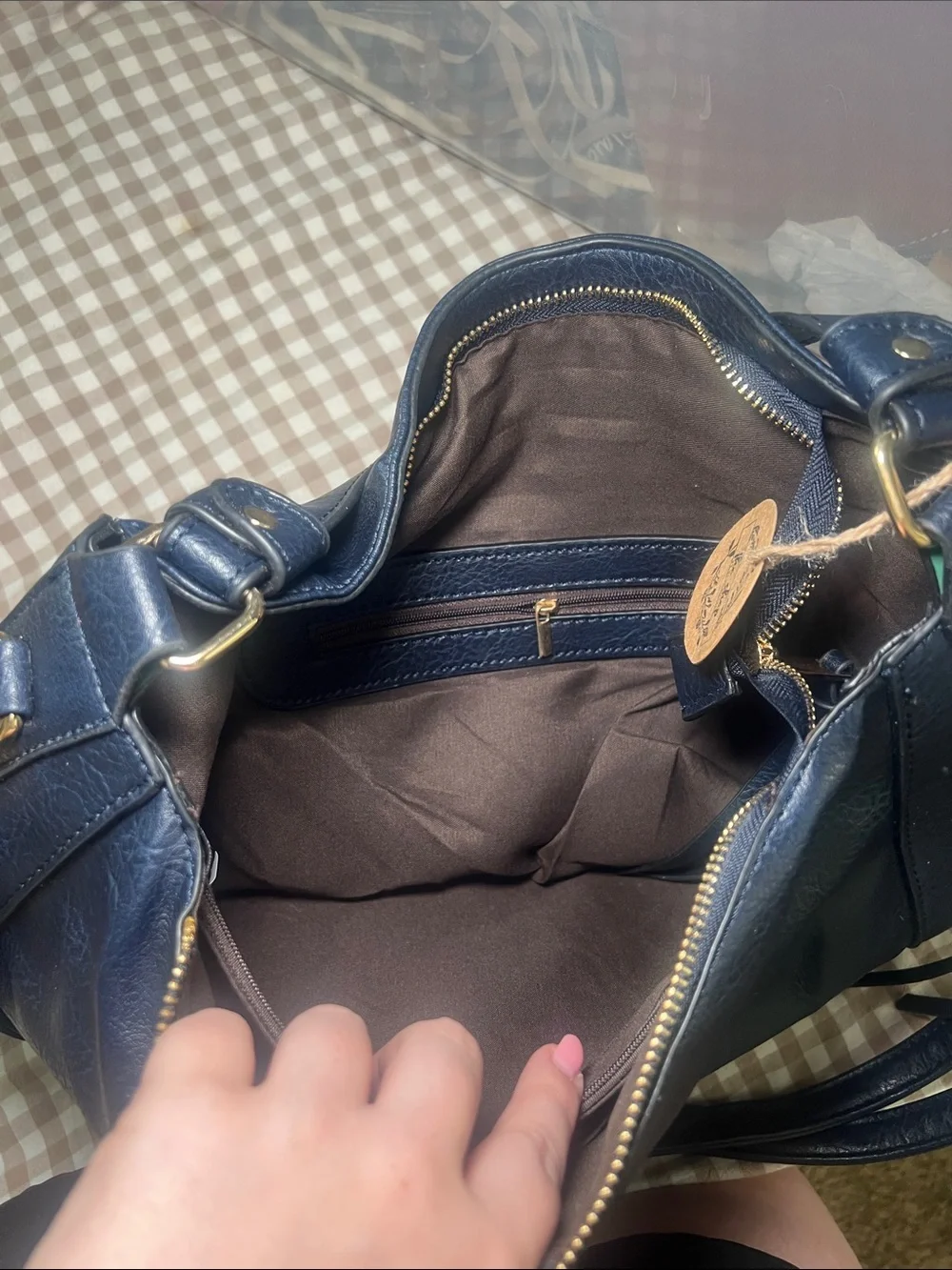 Navy Leather Shoulder Bag with Gold Hardware - Women's